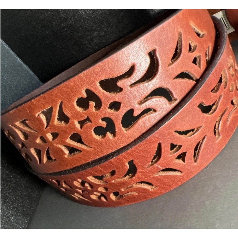 Vintage Leather Cutouts Belt Brass Oval Buckle XL Boho Hippie Cowgirl Y2K 1.5"